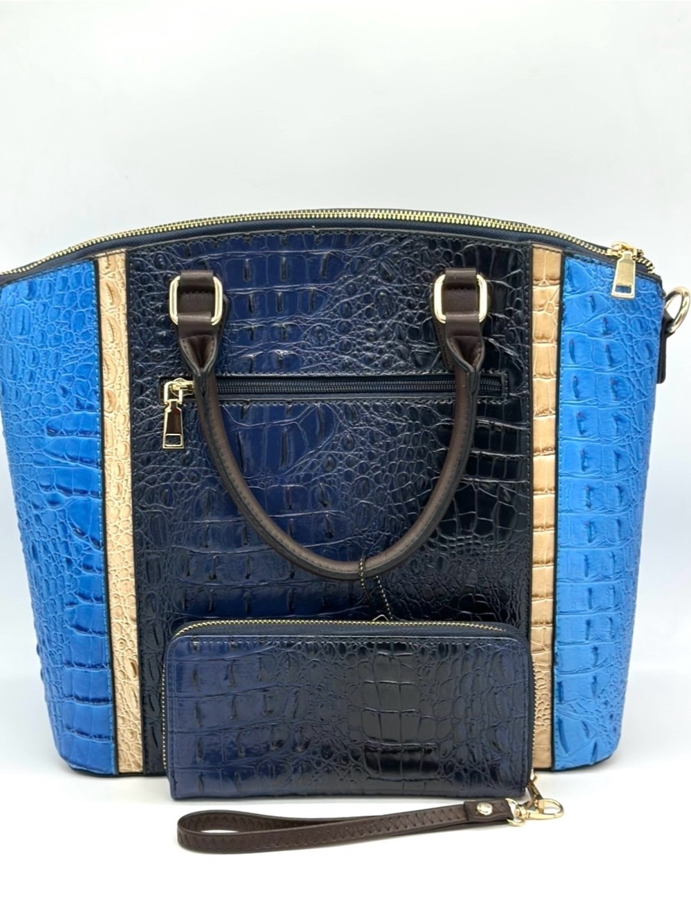 Navy & Light Blue Croc-Embossed High Quality Vegan Leather Tote with Wallet - Picture 4 of 12